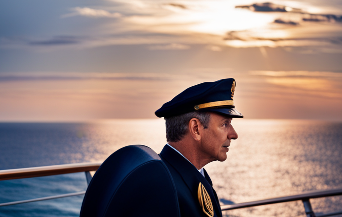 an image of a confident Royal Caribbean cruise ship captain standing on the ship's bridge, dressed in a crisp uniform, with a panoramic view of the vast ocean and a golden sunset in the background