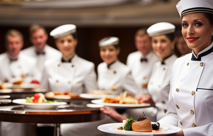 An image showcasing a cruise ship dining area filled with elegant tables adorned with gleaming silverware, as servers in crisp uniforms skillfully serve delectable dishes to passengers, capturing the essence of the lucrative career of servers on cruise ships