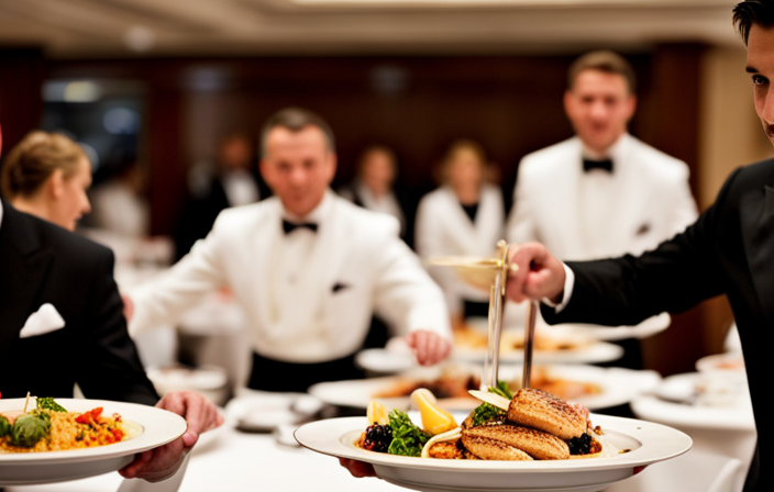 An image depicting a busy cruise ship dining hall, filled with elegantly dressed waiters skillfully balancing trays of delectable cuisine, showcasing the opulent atmosphere and highlighting the potential income of waiters on cruise ships