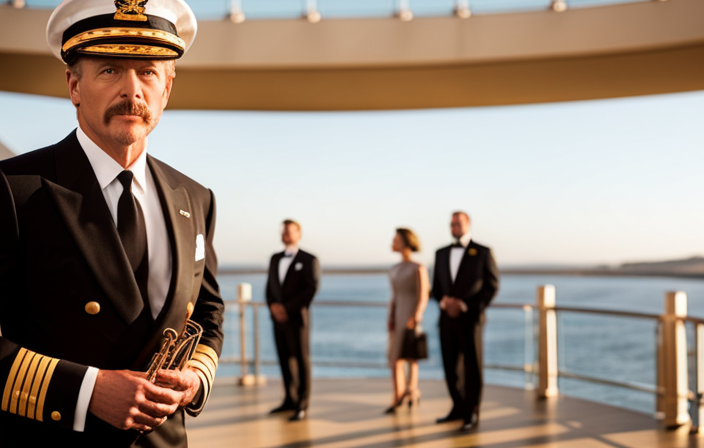 An image showcasing a luxurious cruise ship's majestic bridge, adorned with gleaming brass instruments, state-of-the-art controls, and a captain standing confidently, exuding authority and elegance, reflecting the allure of a celebrity captain's salary