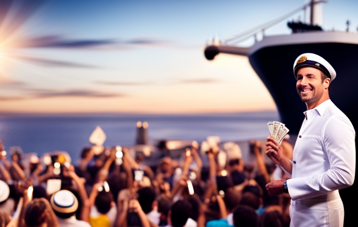 An image showcasing a beaming Cruise Director on a Royal Caribbean ship's stage, surrounded by an enthusiastic crowd, while holding a stack of money symbolizing their substantial earnings