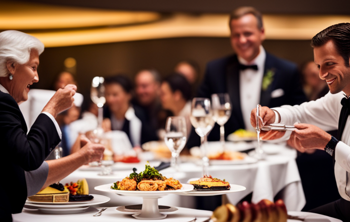 An image showcasing a well-dressed cruise ship waiter serving a beautifully presented gourmet meal on an elegant dining table, surrounded by happy guests enjoying their dining experience, highlighting the rewarding career and potential earnings of cruise ship waiters