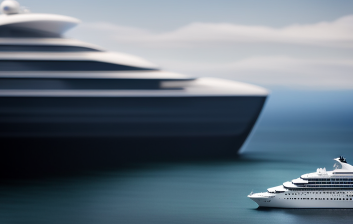 An image featuring a colossal cruise ship towering above the ocean's surface, its sleek white body stretching across the horizon