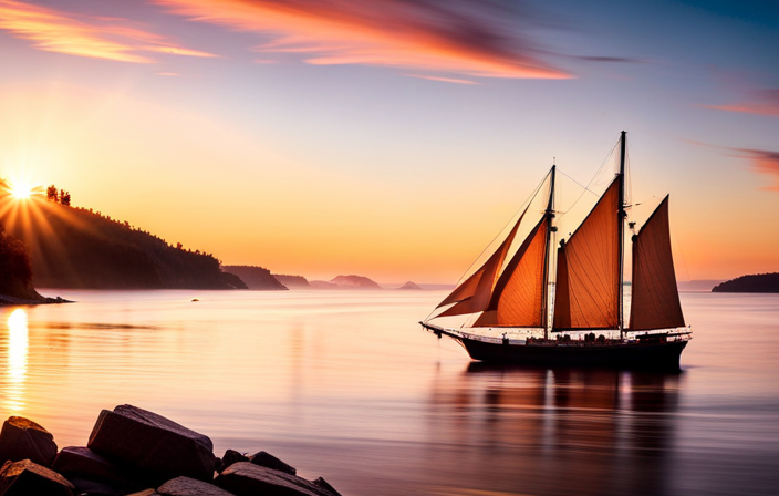 An image showcasing the serene waters of Maine's coastline, with a majestic windjammer gracefully sailing against a backdrop of vibrant sunset hues