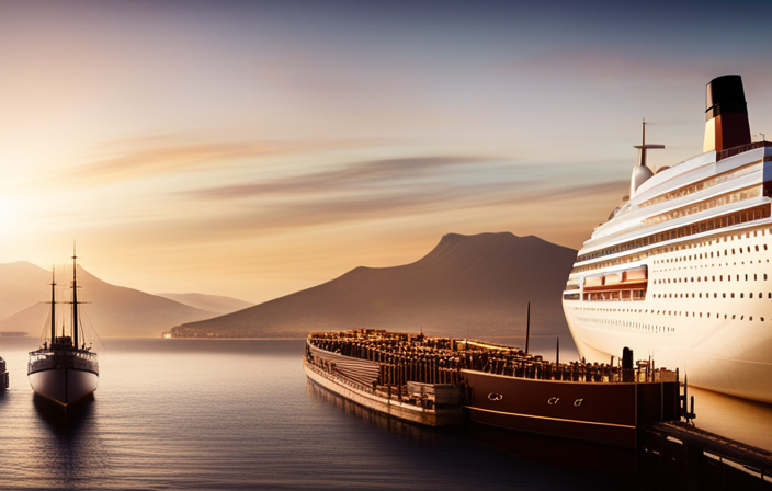 An image showcasing a sprawling dockyard, bathed in golden sunlight, with a majestic retired cruise ship towering above, its sleek hull glistening in the water, evoking a sense of grandeur and luxury