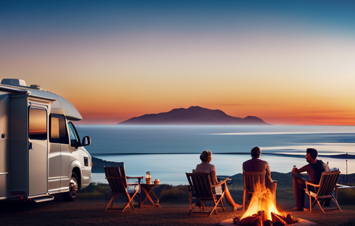 An image showcasing a luxurious Cruise America motorhome parked on a picturesque coastal campsite, with a panoramic view of the ocean, surrounded by plush outdoor furniture, a crackling campfire, and a family enjoying a BBQ feast