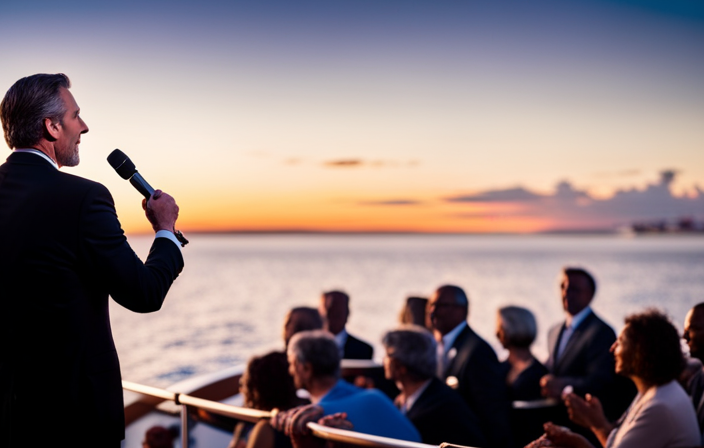 An image showcasing a cruise director on a luxurious ship's deck, confidently addressing a lively crowd during an evening event