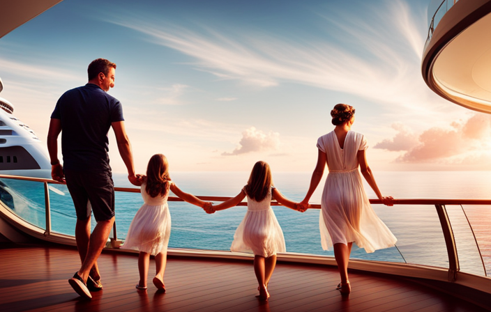 An image showcasing a family of three, joyfully boarding a luxurious cruise ship while surrounded by vibrant tropical scenery