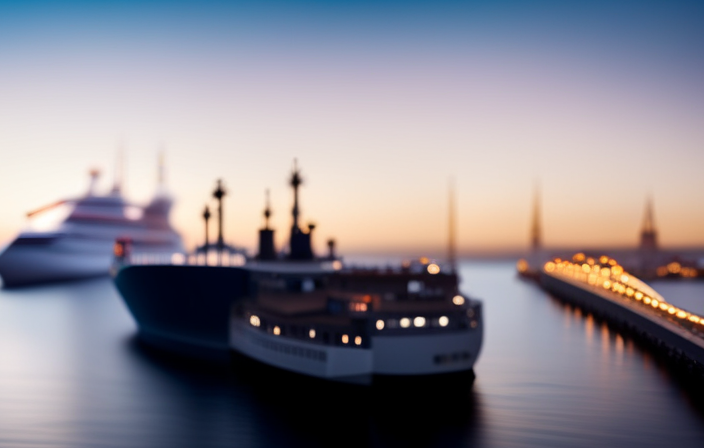 An image showcasing a colossal cruise ship docked in a picturesque port, surrounded by fuel tankers unloading massive quantities of fuel