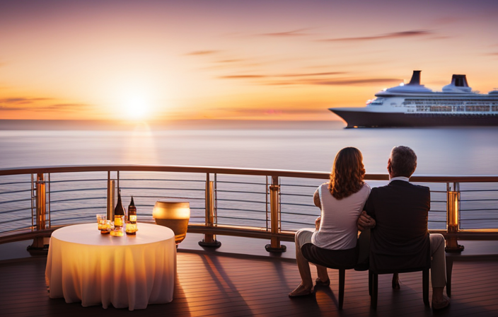 An image showcasing a serene cruise ship deck at sunset, with elegant retirees enjoying a lavish lifestyle