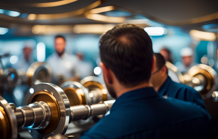 An image showcasing the intricate workings of a cruise ship's engine room, with engineers meticulously monitoring the massive machinery, pipes and valves, all bathed in a soft blue glow of control panels and screens