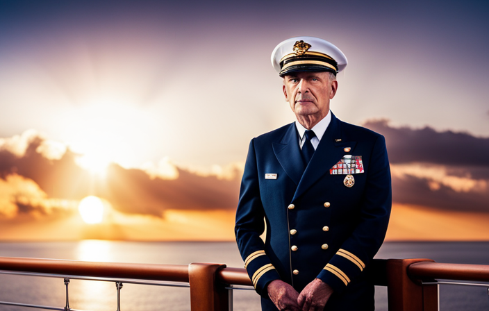 An image showcasing a cruise ship captain standing confidently on the ship's bridge, adorned in a crisp uniform, with a backdrop of vast open sea and a majestic sunset, radiating authority and professionalism