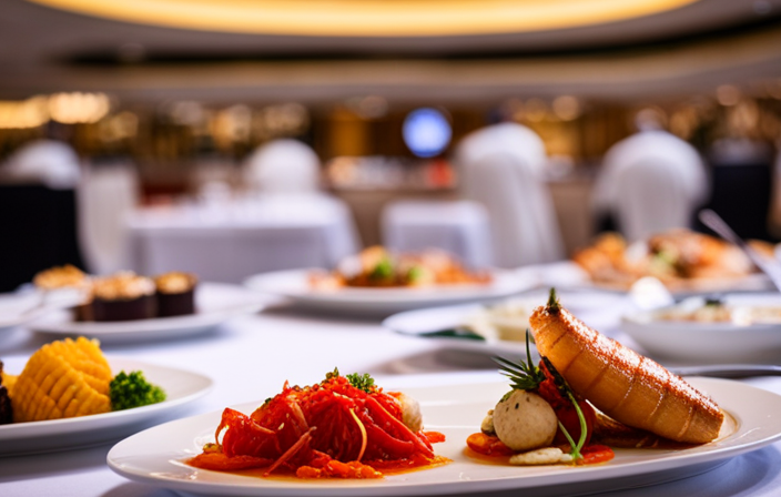 An image showcasing the sheer abundance of food on a cruise ship: a colossal dining hall filled with row upon row of lavishly decorated tables, laden with an array of sumptuous dishes, ranging from delectable seafood to mouthwatering desserts