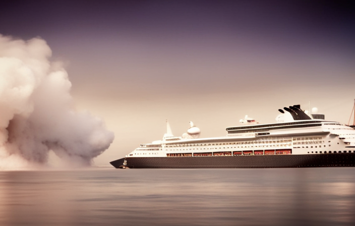 An image showcasing a massive cruise ship gliding through the ocean, emitting a trail of thick, billowing smoke