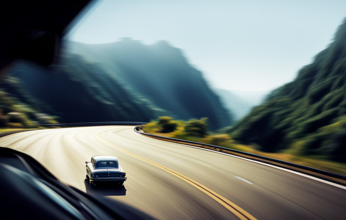 An image showcasing a car cruising smoothly on an open highway, with a fuel gauge visibly decreasing