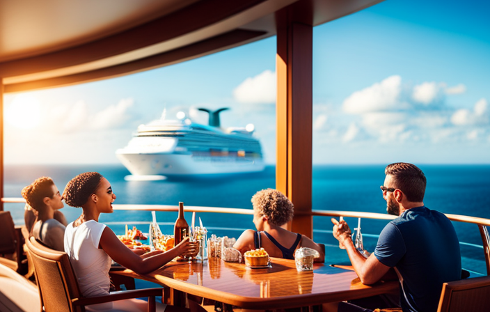 An image showcasing a vibrant Carnival cruise ship sailing across clear turquoise waters, with a diverse group of happy passengers lounging on the sun-soaked deck, enjoying various onboard activities and indulging in delicious meals at outdoor dining areas