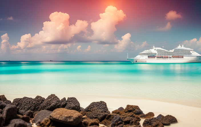 An image that showcases a luxurious cruise ship sailing through crystal-clear turquoise waters towards the idyllic, sun-kissed beaches of the Bahamas