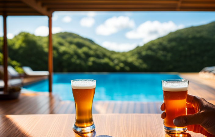 An image showcasing a serene poolside scene on a Norwegian cruise ship, with a chilled pint of beer glistening with condensation in a stylish glass, accentuated by a backdrop of azure sea and lush green landscapes