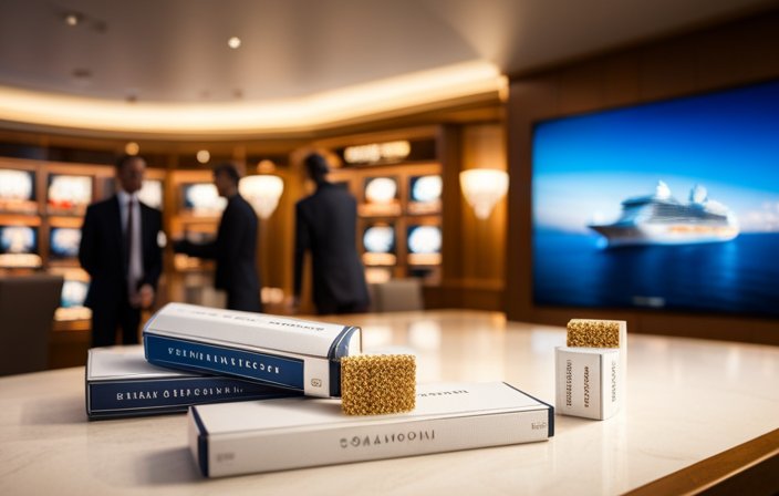 An image showcasing a luxurious cruise ship setting, with a vibrant onboard duty-free store