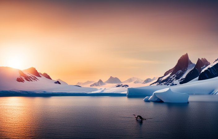 An image showcasing the vastness of Antarctica's icy landscape, with a cruise ship majestically navigating through towering glaciers, as penguins waddle peacefully on the pristine shores