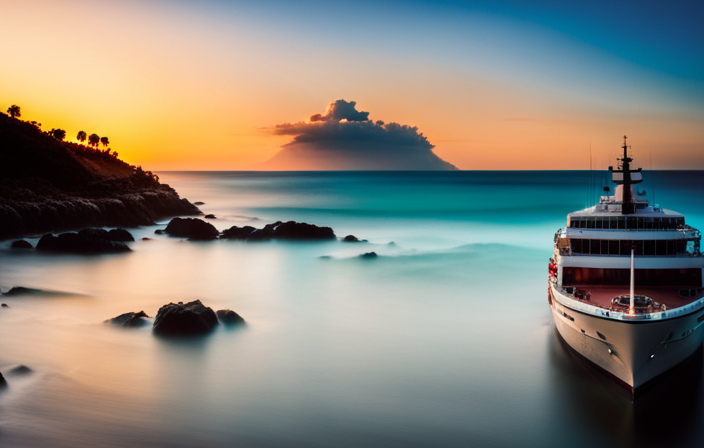 An image showcasing a mesmerizing sunset over the turquoise waters of the Mexican Riviera, with a luxurious cruise ship anchored nearby, setting the stage for an unforgettable journey to Mexico