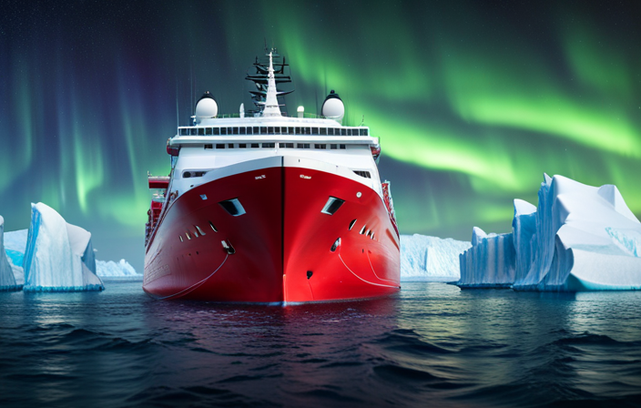 An image showcasing a colossal icebreaker ship with a vibrant red hull, majestically plowing through the glistening Arctic Ocean, surrounded by towering icebergs, as the ethereal northern lights dance across the starry night sky above