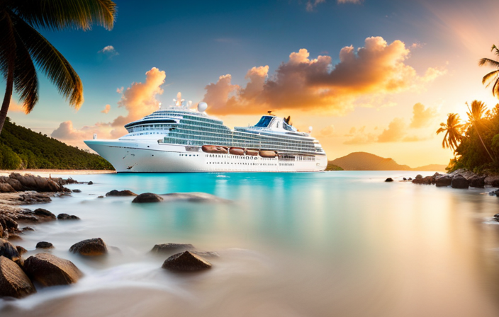 An image of a luxurious cruise ship sailing amidst crystal-clear turquoise waters, with lush green hills and palm-fringed white sandy beaches of the Virgin Islands in the background, showcasing the tropical paradise awaiting travelers