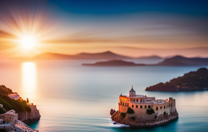 An image showcasing a dazzling Mediterranean sunset, with a luxurious cruise ship gliding effortlessly through sparkling turquoise waters, surrounded by idyllic coastal villages and ancient ruins that dot the breathtaking landscape