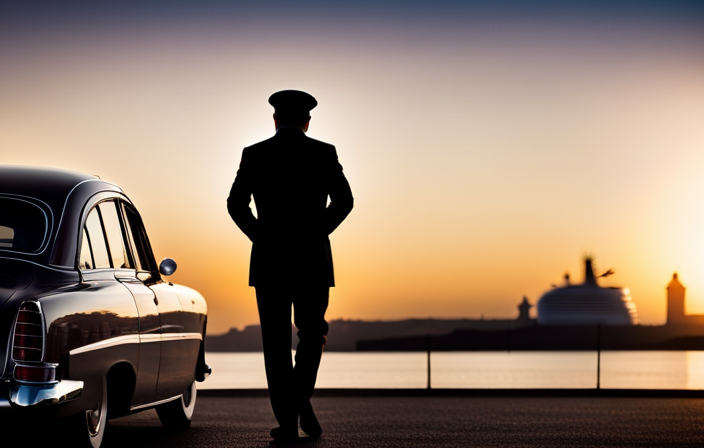 An image showcasing a sleek, modern taxi parked outside Rome's bustling airport, with the iconic silhouette of a luxurious cruise ship in the background, symbolizing the convenient and seamless journey from the airport to the nearby cruise port