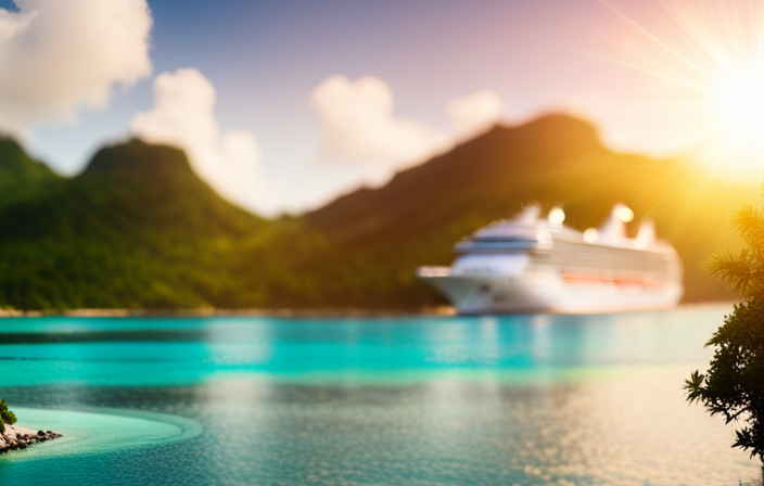 An image featuring a serene cruise ship sailing on crystal-clear turquoise waters, surrounded by lush tropical islands