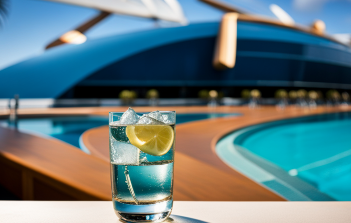 An image showcasing a serene poolside scene on a Disney Cruise ship, with vibrant turquoise waters reflecting the clear blue sky, a refreshing glass filled with ice-cold bottled water, and a price tag subtly displayed nearby