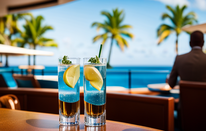 An image showcasing a Norwegian cruise ship's sleek poolside bar, with a panoramic view of the azure sea