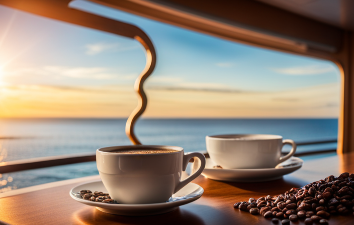 An image showcasing a serene ocean backdrop with a vibrant, decked-out coffee station on a Carnival Cruise ship