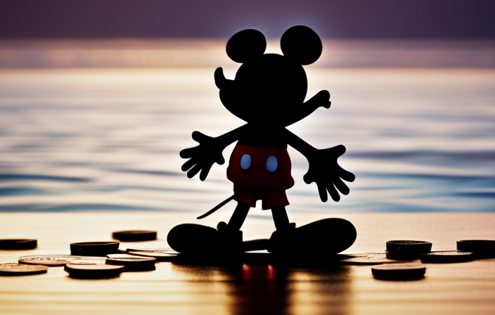 An image showcasing a colorful Mickey Mouse silhouette sailing on a pristine cruise ship, surrounded by a mix of coins and dollar bills, symbolizing the monetary aspect of Disney Cruise deposits