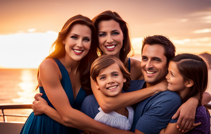 A visually captivating image of a joyful family on a Disney cruise ship, capturing their genuine smiles as they pose with Disney characters against a vibrant backdrop filled with iconic Disney elements