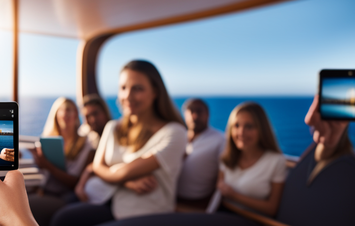 An image depicting a serene ocean view from a Carnival Cruise ship, with passengers engrossed in digital devices, symbolizing their connectivity