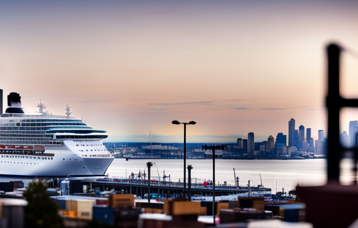 An image showcasing a bustling Seattle Cruise Port with a panoramic view of the harbor filled with majestic cruise ships, framed by a row of conveniently located parking lots offering a range of pricing options