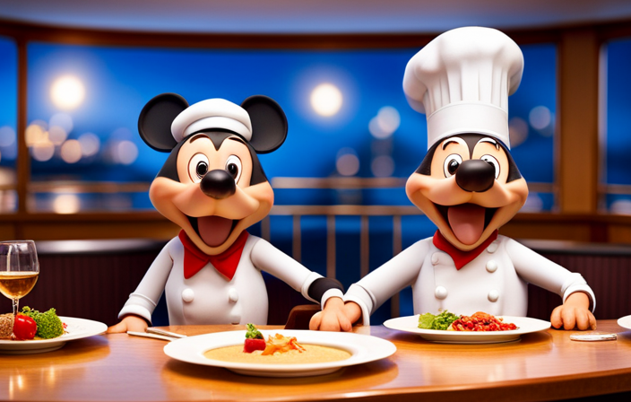 An image showcasing the enchanting world of Disney Cruise, where Remy, the lovable rat chef from Ratatouille, emerges from a culinary masterpiece, surrounded by delectable gourmet dishes and elegant dining settings