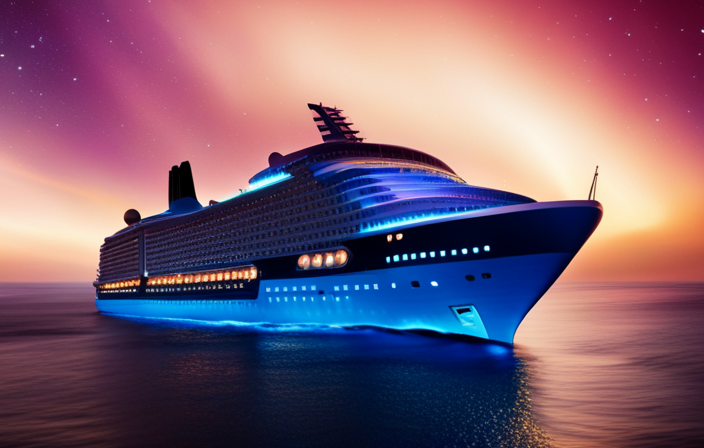 An image showcasing the mesmerizing Groove Cruise experience: a vibrant, colossal ship adorned with pulsating lights and pulsing beats, surrounded by enthusiastic partygoers dancing under a starry night sky and splashing waves