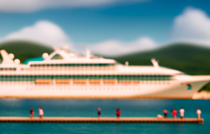 An image featuring a vibrant cruise ship against a backdrop of crystal-clear turquoise waters, with a crowd of ecstatic fans eagerly boarding, exuding pure joy and anticipation