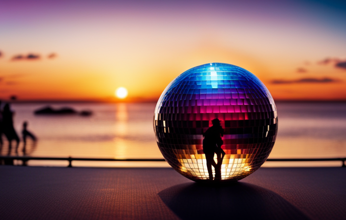 An image capturing the allure of the Soul Train Cruise, featuring a vibrant, multi-colored disco ball reflecting dazzling lights onto a deck filled with energetic dancers grooving to the rhythm of soulful music amidst a backdrop of a sparkling ocean at sunset