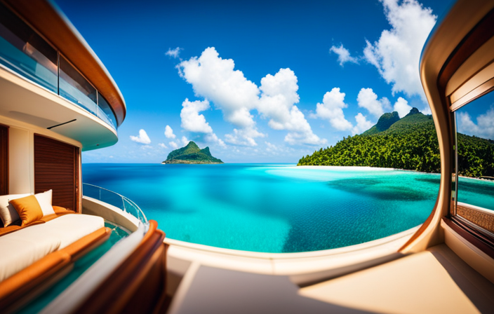 An image depicting a luxurious cruise ship sailing through crystal-clear turquoise waters, surrounded by lush tropical islands and vibrant coral reefs, showcasing the opulence and grandeur of the Ultimate World Cruise