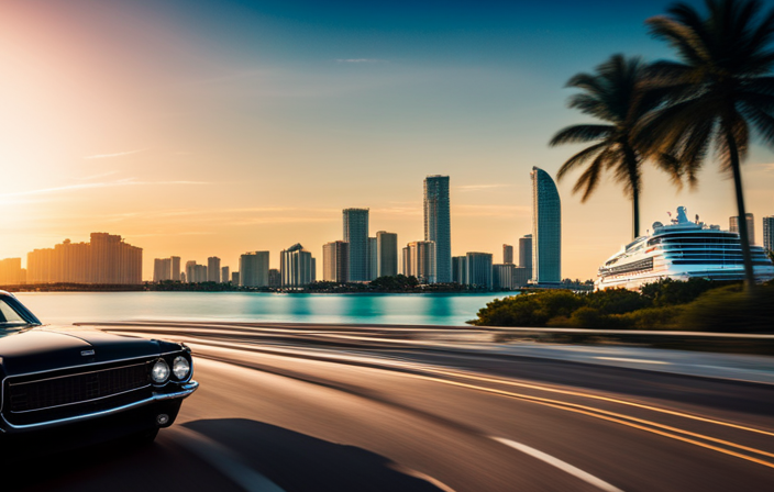 An image showcasing a sleek black Uber car speeding along the palm-lined coastal road, with the iconic Miami Cruise Port towering in the background, ready to welcome eager travelers