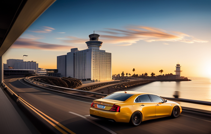 An image showcasing a yellow Uber car driving along the scenic Pacific Coast Highway, with the iconic Long Beach Cruise Terminal visible in the background, highlighting the convenient transportation option from LAX