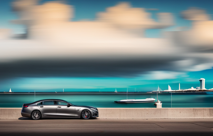 An image depicting a sleek, modern Uber car parked outside Miami International Airport, with a clear view of the vibrant turquoise waters and towering cruise ships at the nearby Port of Miami in the background