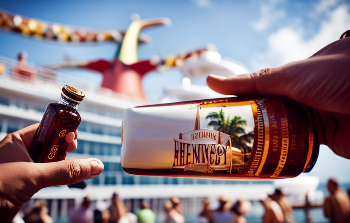 An image capturing the vibrant ambiance of a Carnival Cruise ship, adorned with exotic tropical decor, as a hand reaches out to reveal a bottle of White Hennessy, enticingly glistening under the sun-soaked Caribbean sky