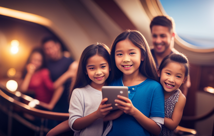 An image capturing the vibrant atmosphere of a Disney cruise, with families gathered around their devices, happily connected to the ship's WiFi