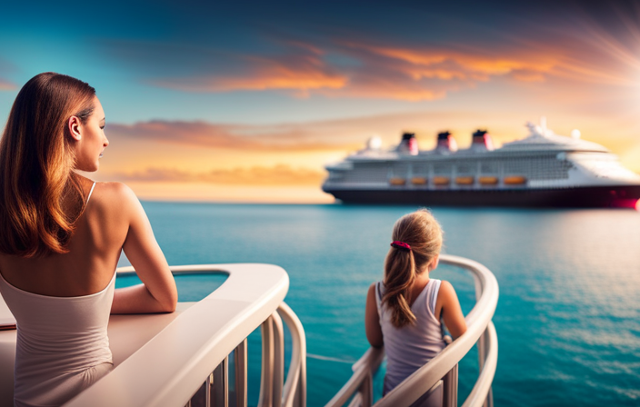 An image showcasing a Disney Cruise ship sailing on a pristine turquoise ocean, with a family happily using their devices on deck while connected to the ship's WiFi, highlighting the accessibility and convenience