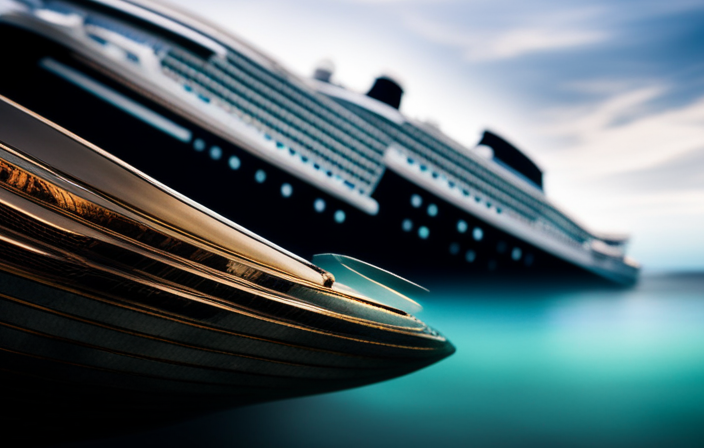 An image capturing the intricate layers of a cruise ship beneath the water's surface, revealing the submerged hull, propellers, and rudders, while showcasing the grandeur of the towering structure above