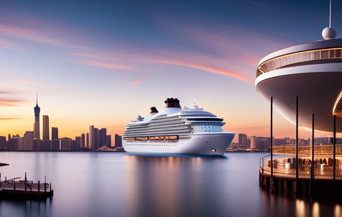 An image showcasing a colossal luxury cruise ship docked at a bustling port, surrounded by opulent resorts and vibrant shops